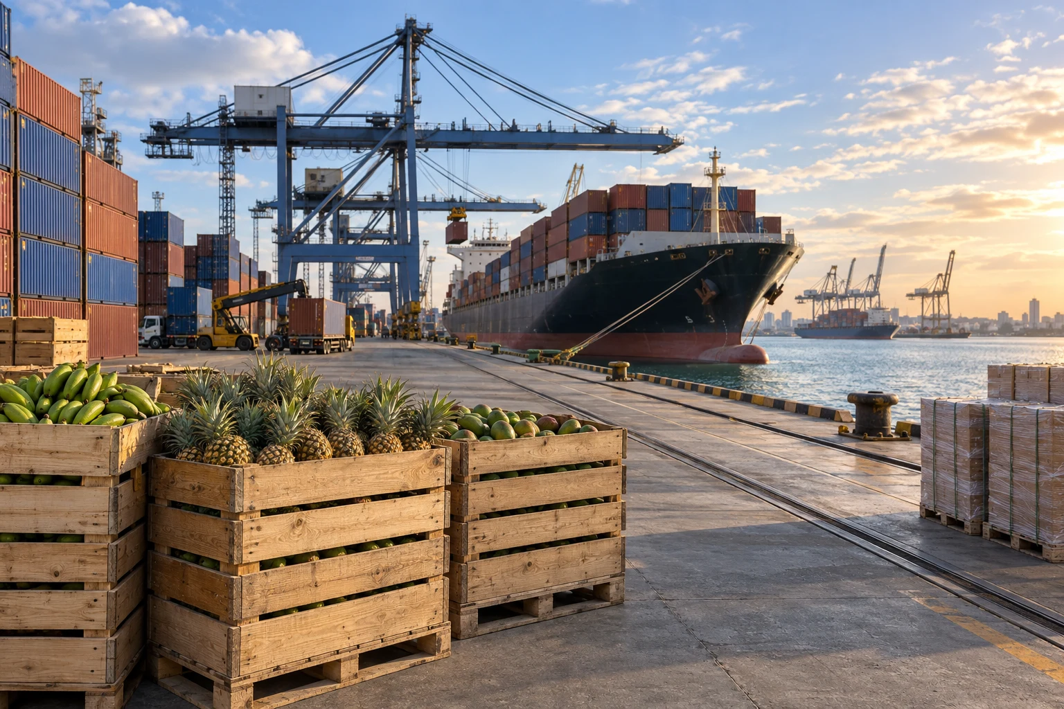 Export logistics illustration: produce crates, shipping containers and a cargo ship